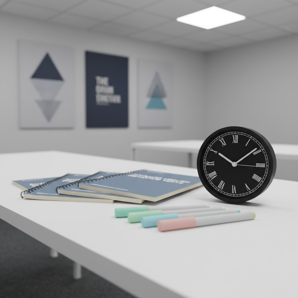 The image shows a white table with various office supplies on it, a clock, and a stack of textbooks. egion="img" white tab...