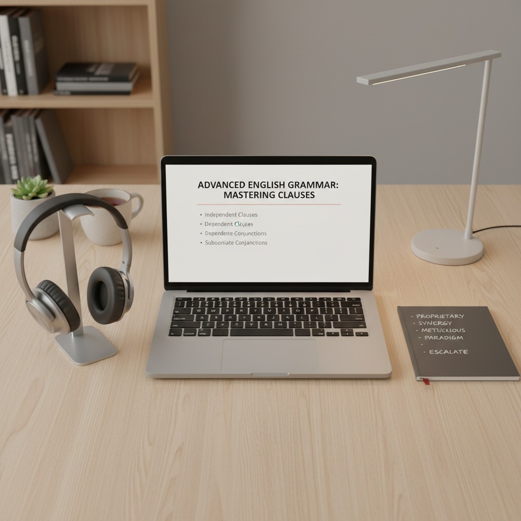 A laptop and external accessories sit on a light wooden desk with black and grey accents. The screen presents an image of ...