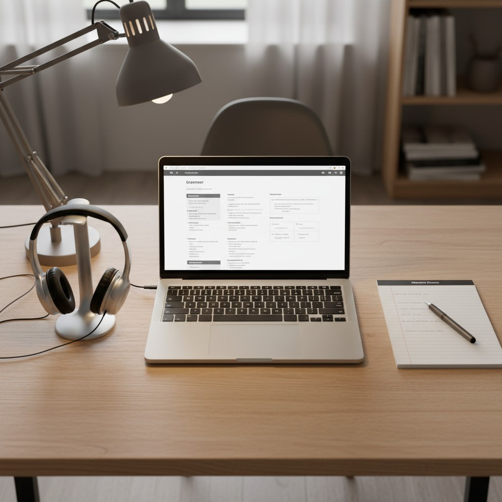 A home office desktop with a silver laptop on a light brown wood desk with a white and grey lamp, wired over-the-ear headp...