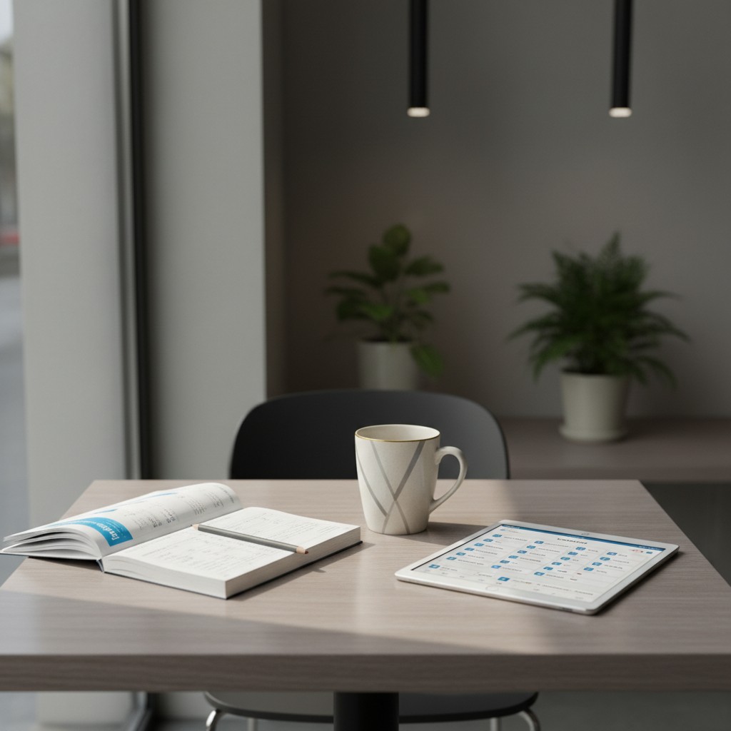 An office setting with a desk and chair, featuring books, a tablet, a mug, and two plants in the background.