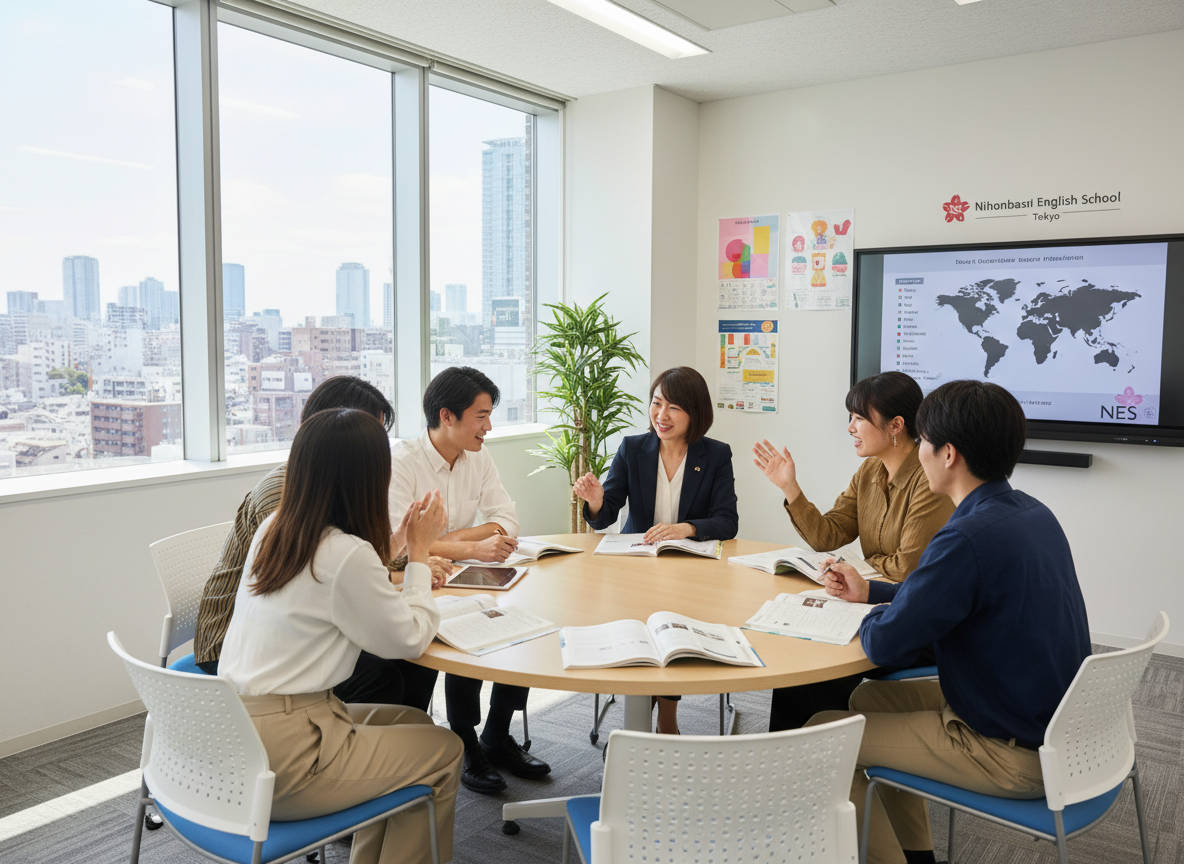 Bright, modern classroom at Nihonbashi English School in Tokyo with students and teacher in discussion, matching existing website photography style
